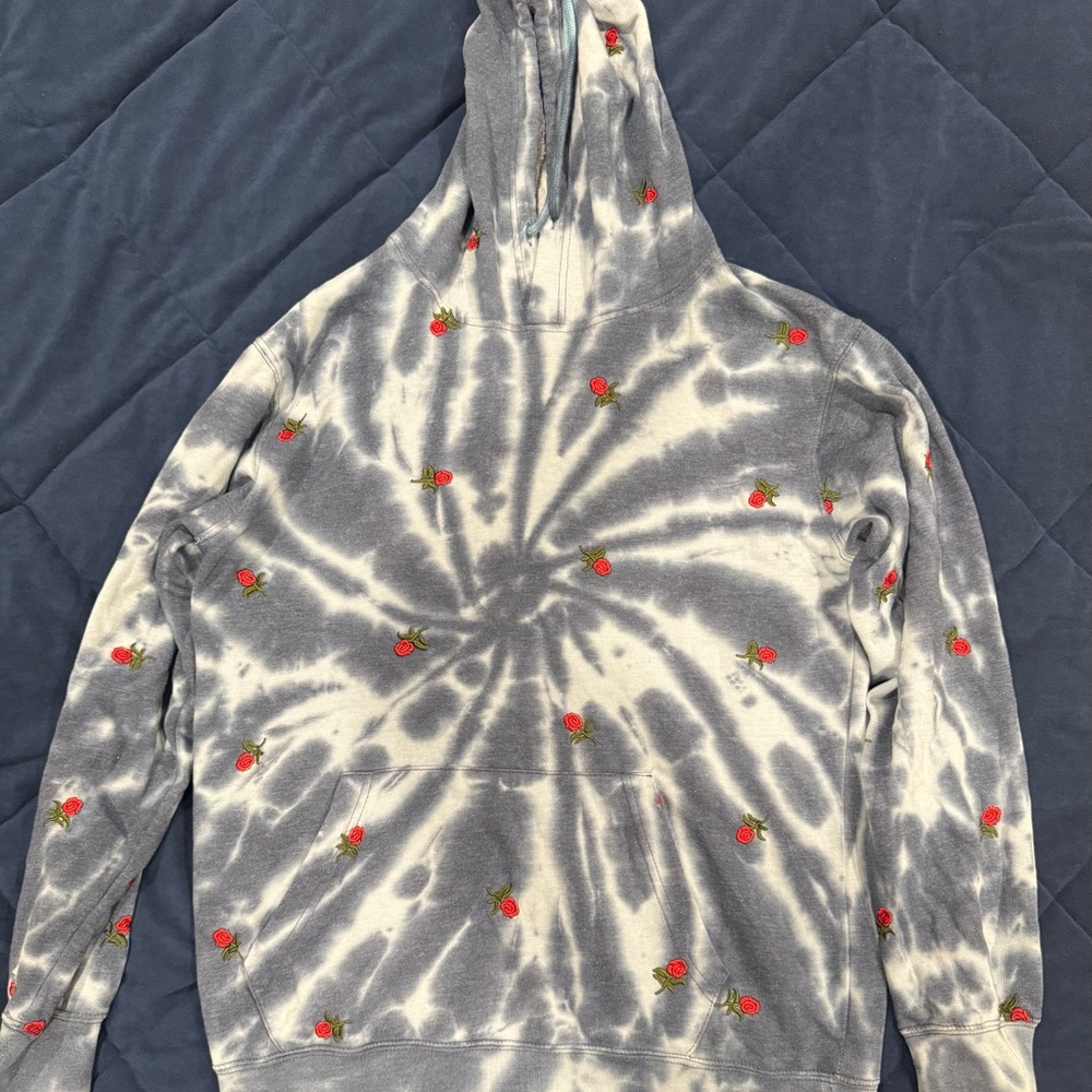 Grayish Blue Tie-Dye Hoodie with Rose Embroidery